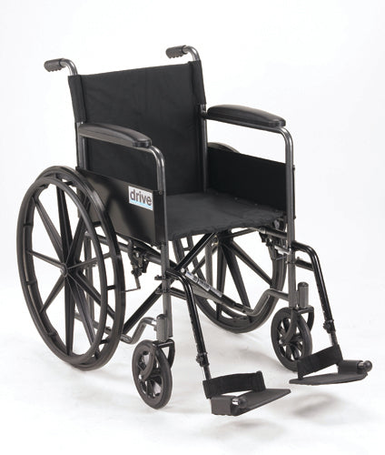 Drive Medical Wheelchair with 18-inch seat width, fixed full arms featuring a durable steel frame and padded armrests. Moovkart