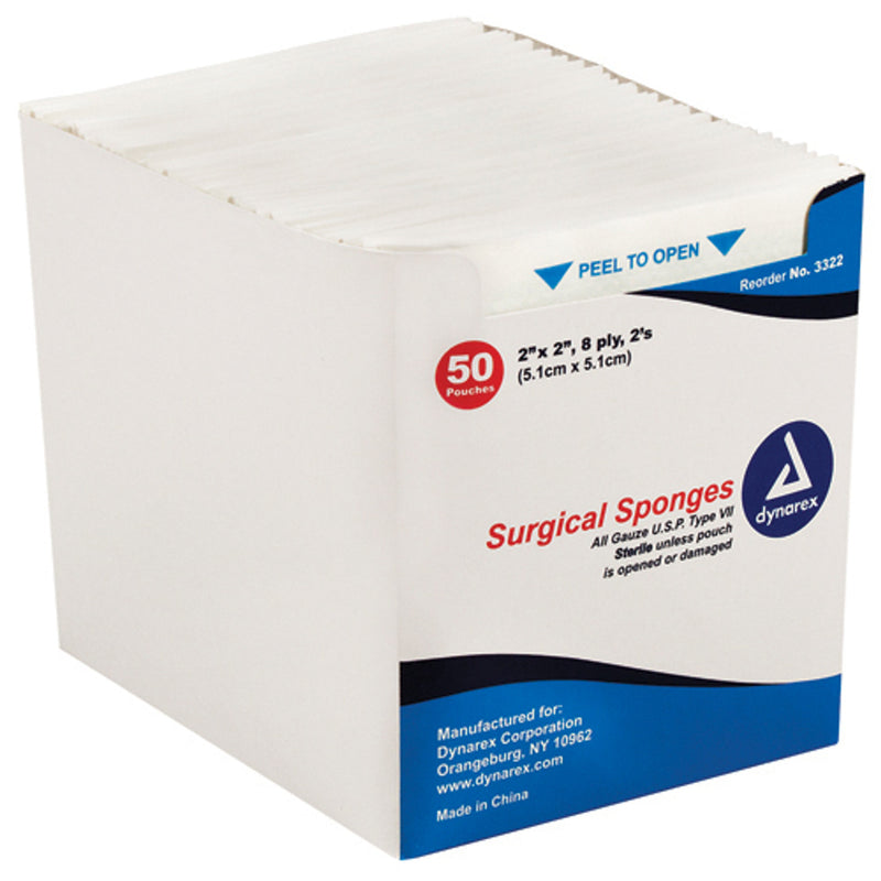 Dynarex Surgical Gauze Sponges, Sterile, 8-ply, 50 Packs of 2 per Tray