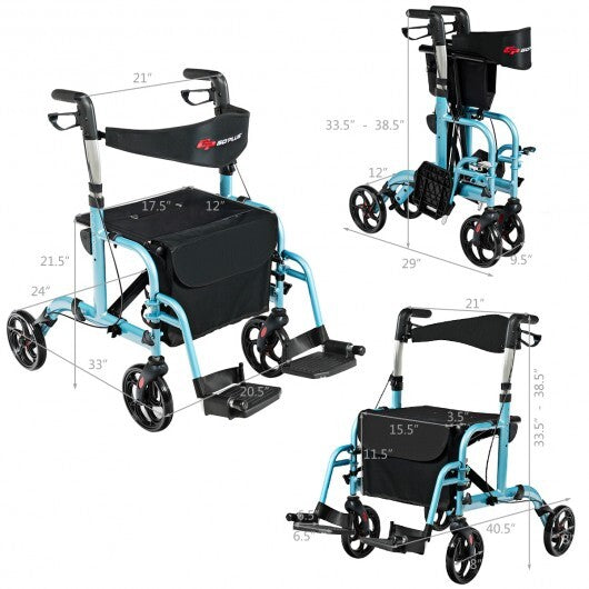 Adjustable folding handle rollator walker with storage space, color blue