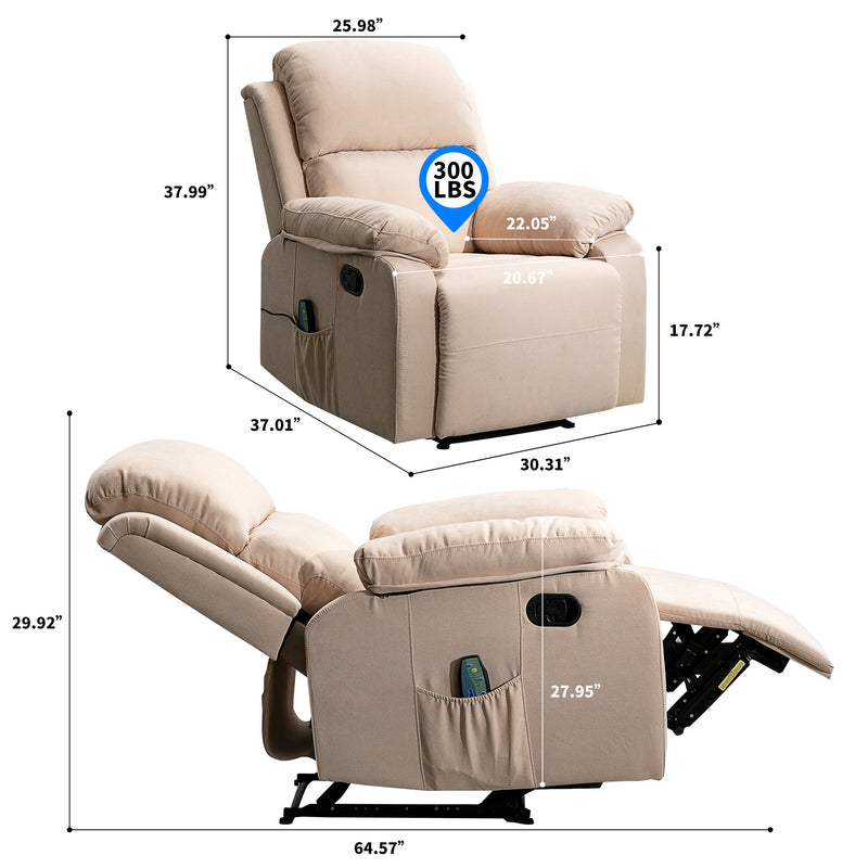 Home Overstuffed Pillow & Armrest Recliner Chair Sofa with 6 Point Remote Control Massage
