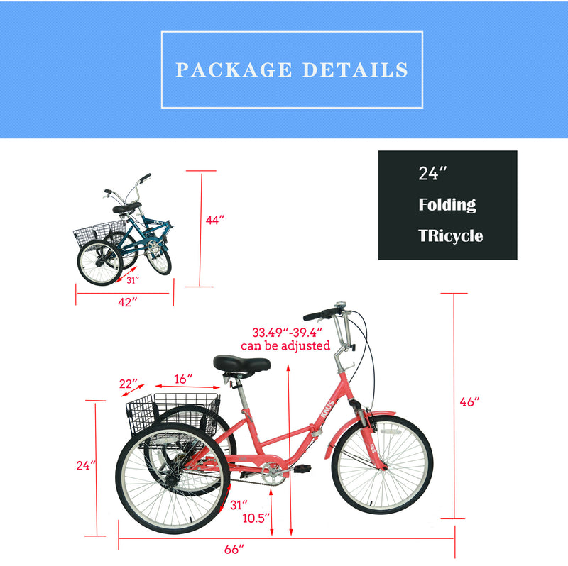 Three Wheel Bike Large Basket, Adult Folding Tricycle Single Speed 24 Inc.