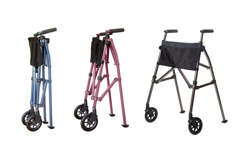 Stander EZ Fold and Go Walker, Lightweight Folding 2 Wheel Travel Walker for Seniors with Swivel Wheels, Black Walnut