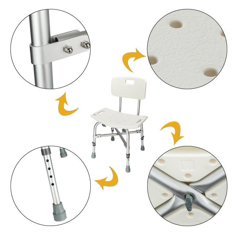 Medical Bathroom Safety Heavy Duty Aluminium Alloy Bath Chair Bench with Back, white