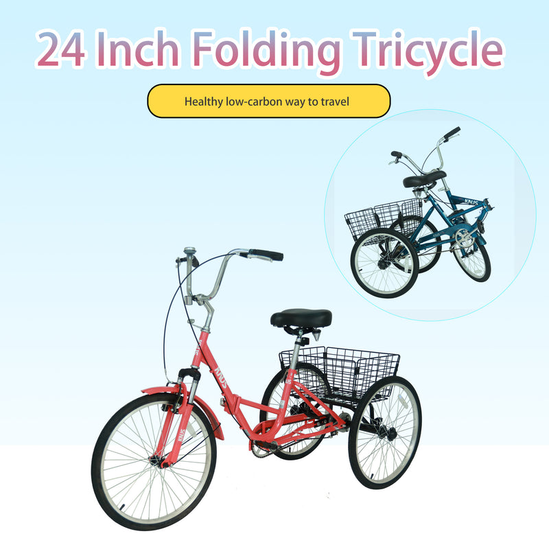 Three Wheel Bike Large Basket, Adult Folding Tricycle Single Speed 24 Inc.